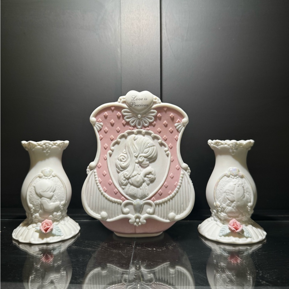 Precious Moments Elegant Pink and White Decorative Vase and Candle holder set